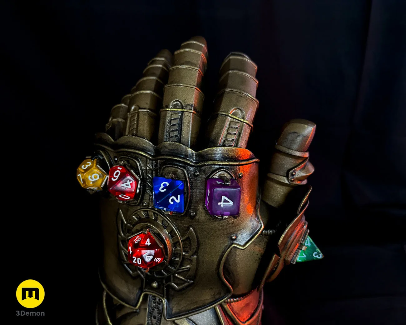 3D model render of The Infinity Gauntlet - Wearable DnD Dice Holder STL, three-quarter view of the design