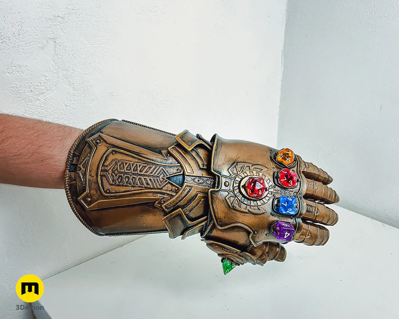 CGI render of The Infinity Gauntlet - Wearable DnD Dice Holder STL, alternate angle of the design
