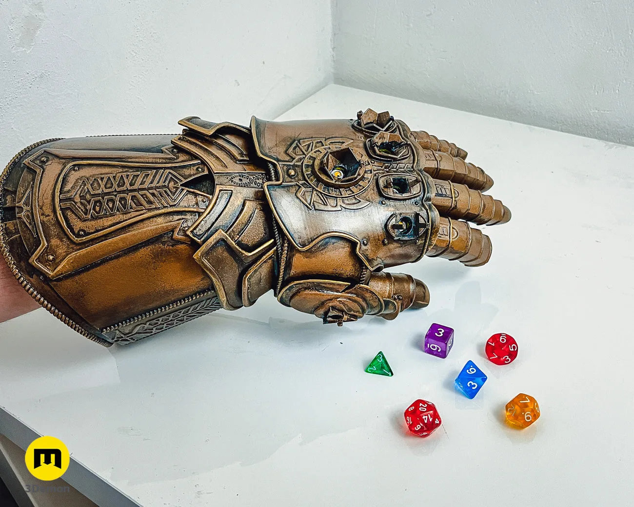 Rendered 3D model of The Infinity Gauntlet - Wearable DnD Dice Holder STL, front view of the design