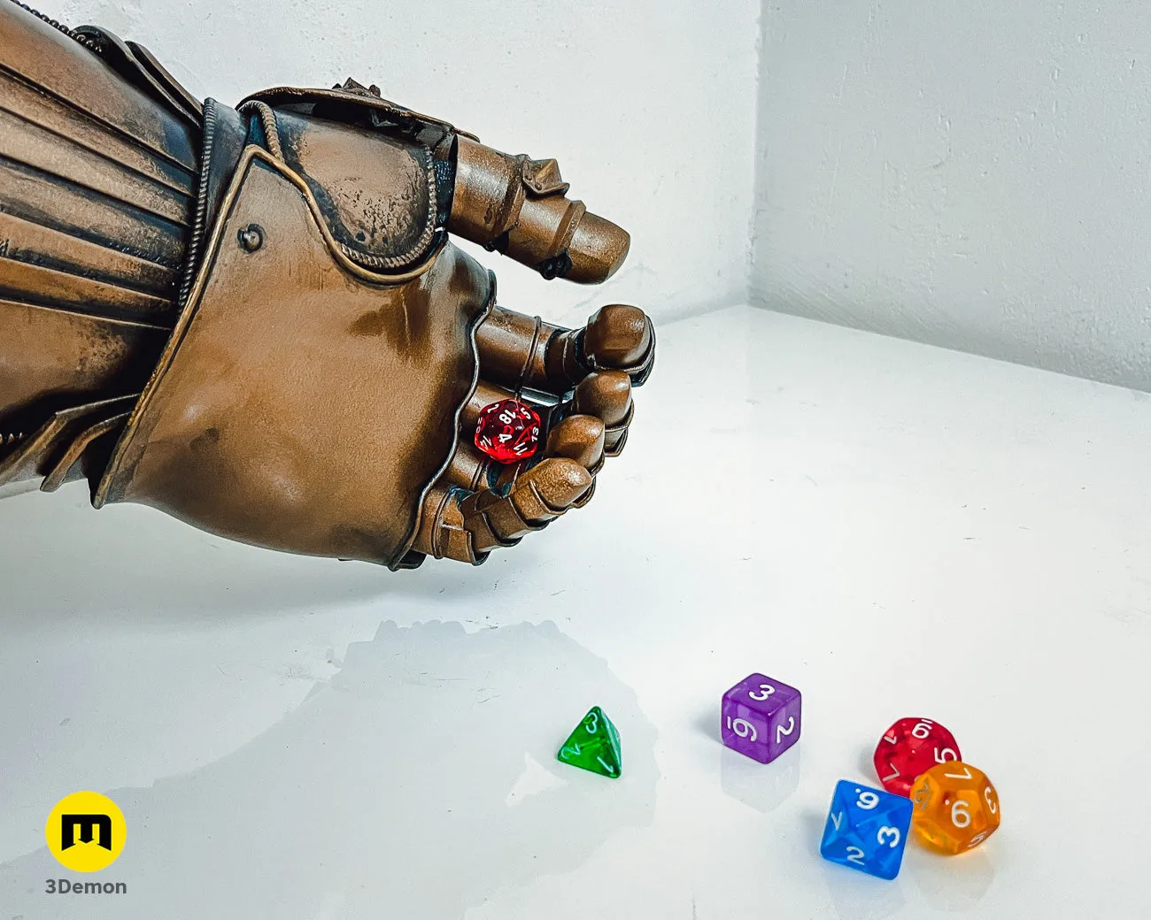 Printable 3D model of The Infinity Gauntlet - Wearable DnD Dice Holder STL, three-quarter view of the design