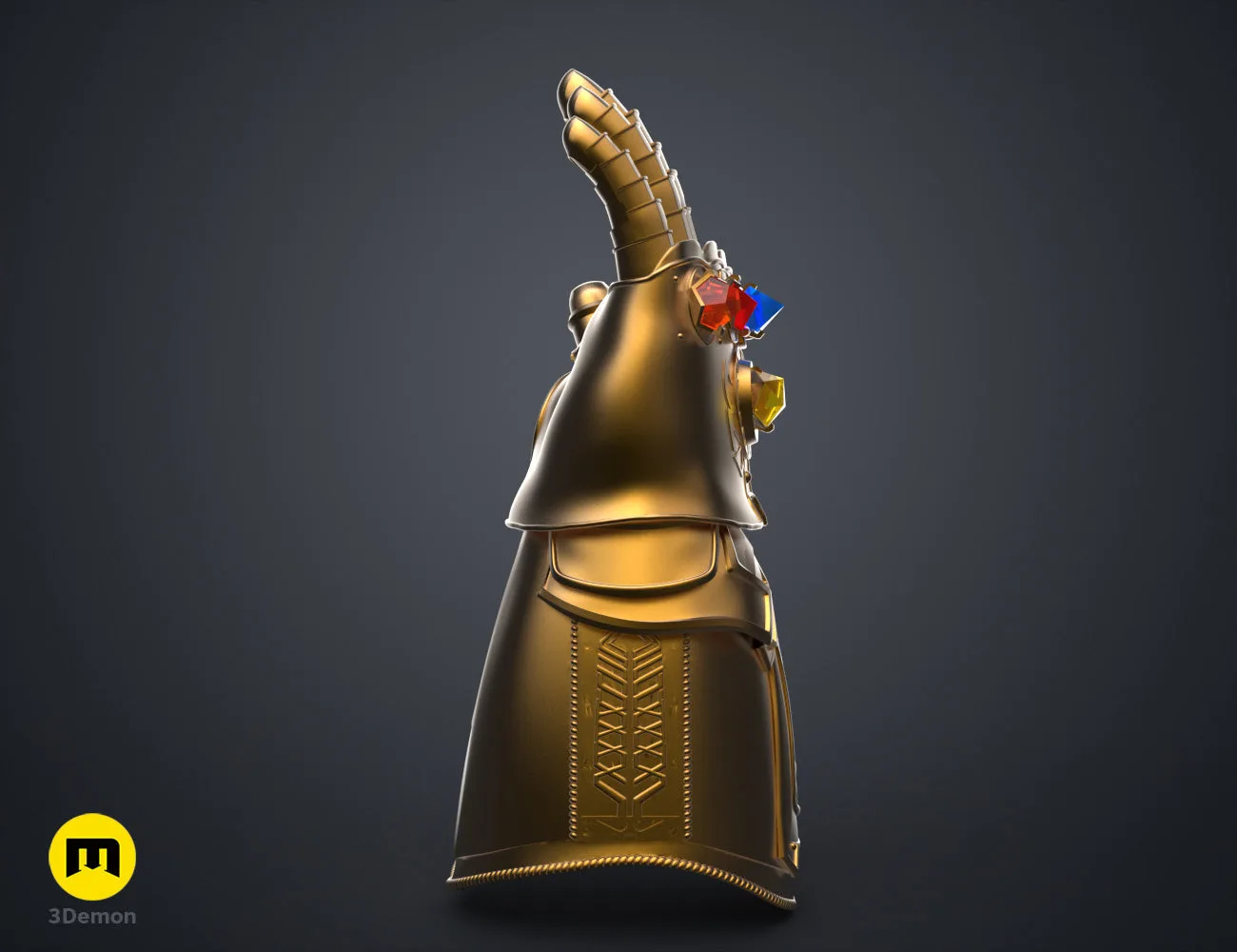 Digital 3D render of The Infinity Gauntlet - Wearable DnD Dice Holder STL, front view of the design