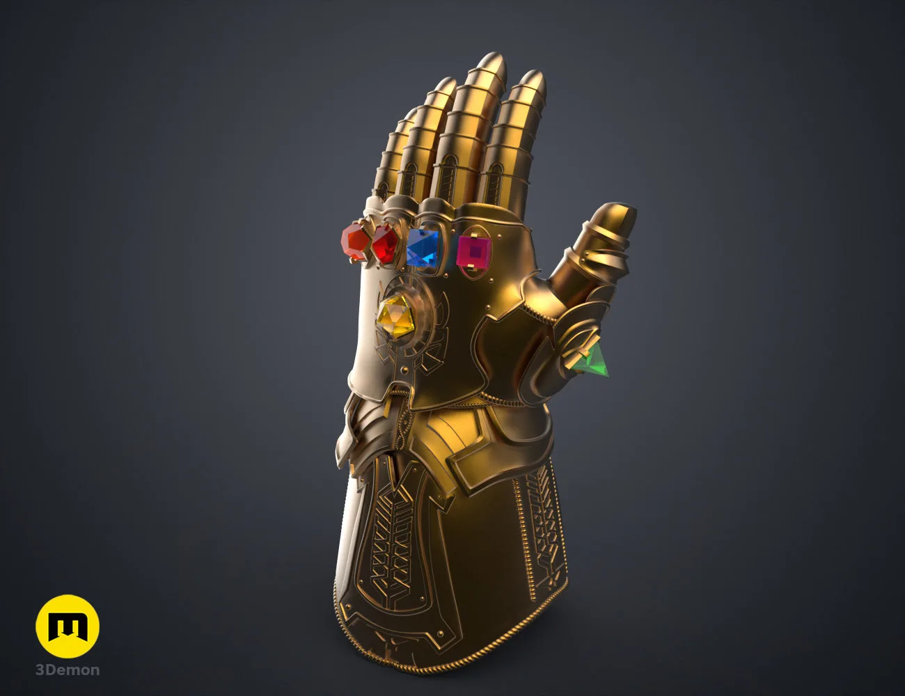 3D model render of The Infinity Gauntlet - Wearable DnD Dice Holder STL, three-quarter view of the design