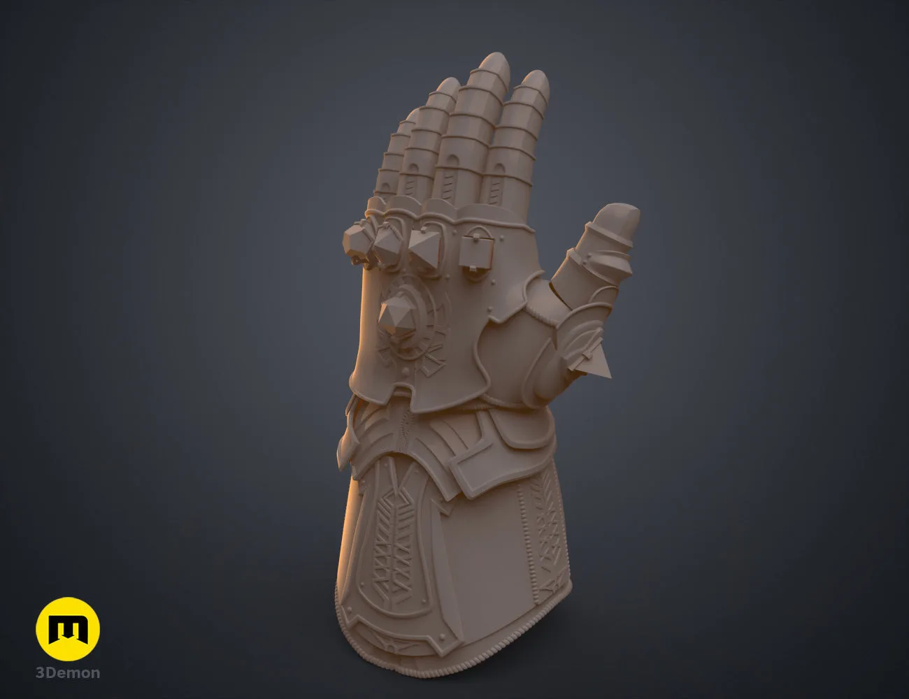 CGI render of The Infinity Gauntlet - Wearable DnD Dice Holder STL, alternate angle of the design