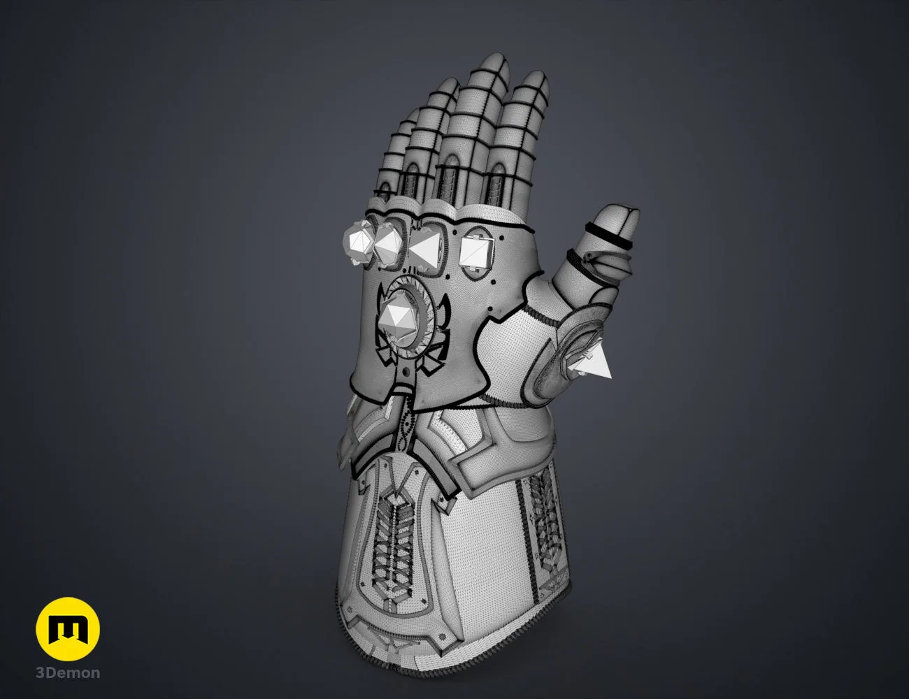 Rendered 3D model of The Infinity Gauntlet - Wearable DnD Dice Holder STL, front view of the design