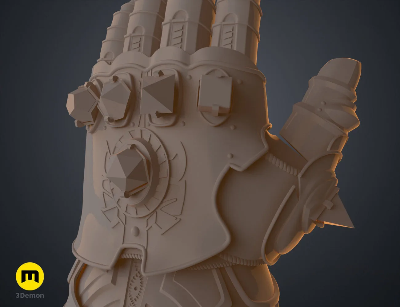 Digital 3D render of The Infinity Gauntlet - Wearable DnD Dice Holder STL, front view of the design