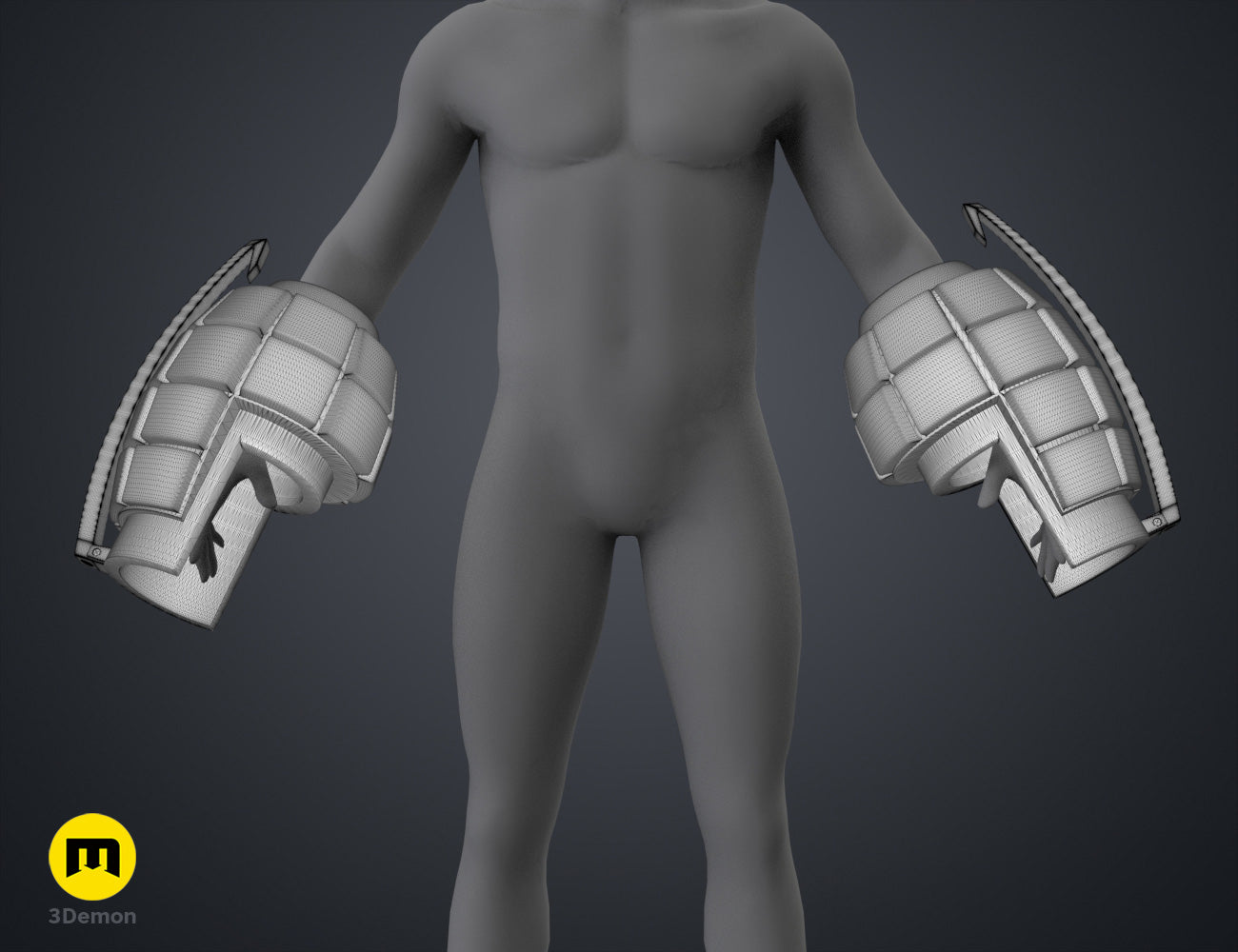 Wireframe mesh render of Bakugo's Grenade Gauntlets STL, grey mesh, dual-pronged fists for 3D print cosplay.