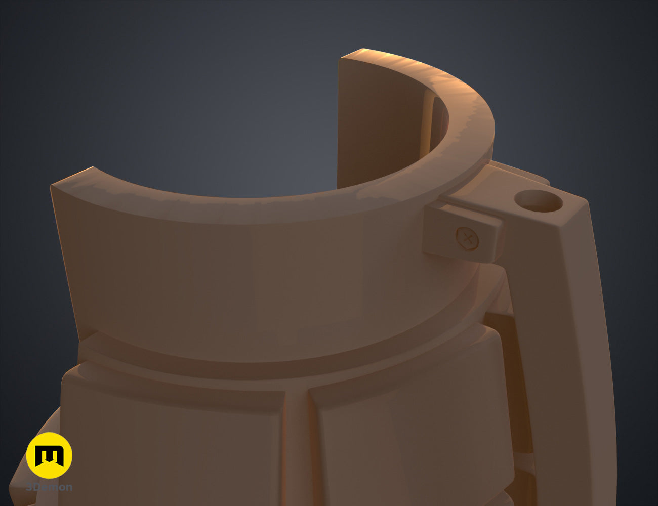 Digital 3D render of Bakugo’s Grenade Gauntlets STL, brown dual-pronged 3D printed cosplay prop.