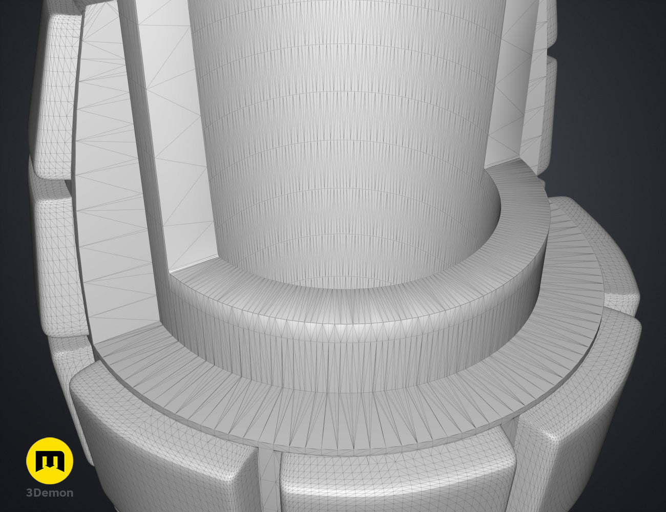 Wireframe mesh render of Bakugo's Grenade Gauntlets STL, grey mesh with 3-pronged grenade launcher.