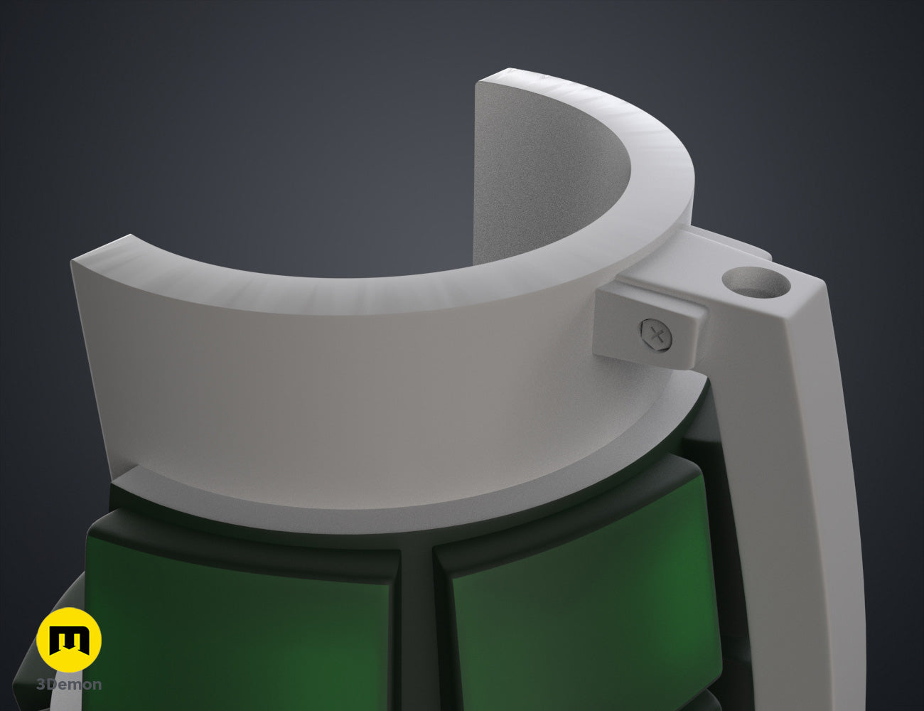 Digital 3D render of Bakugo’s Grenade Gauntlets STL, white curved grenade holder, grey base.