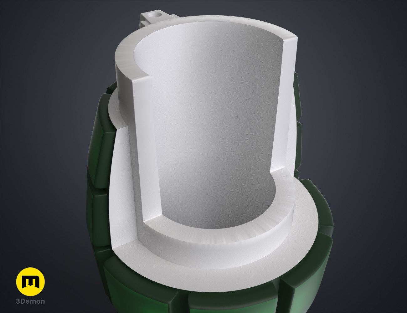 Digital 3D render of Bakugo's Grenade Gauntlets STL, white grenade launcher with green straps, 3D printed cosplay prop.