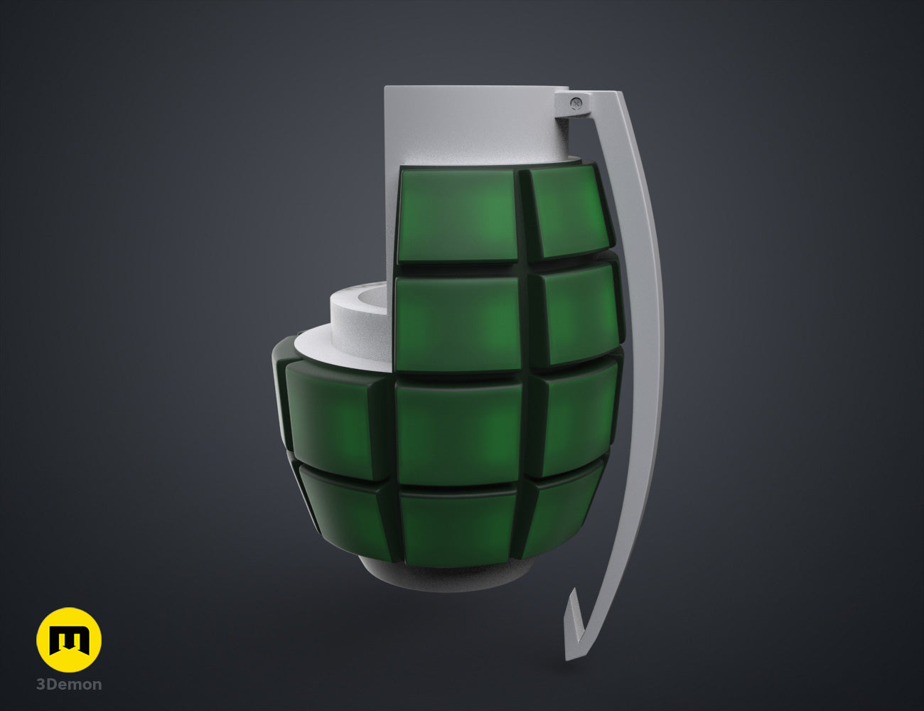 Textured 3D render of Bakugo’s Grenade Gauntlets STL, green segmented grenades, 3D print cosplay prop.