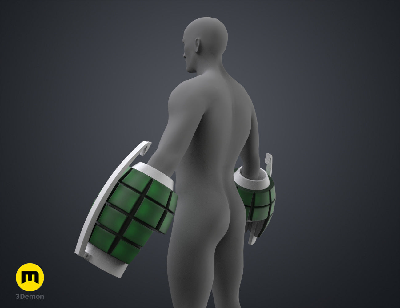 Digital 3D render of Bakugo's Grenade Gauntlets STL, green and white dual-pronged 3D printed cosplay prop.