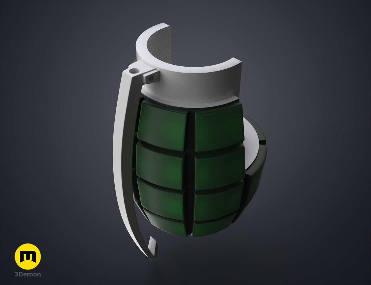Textured 3D render of Bakugo’s Grenade Gauntlets STL, green segmented grenade, white lever, My Hero Academia cosplay ...