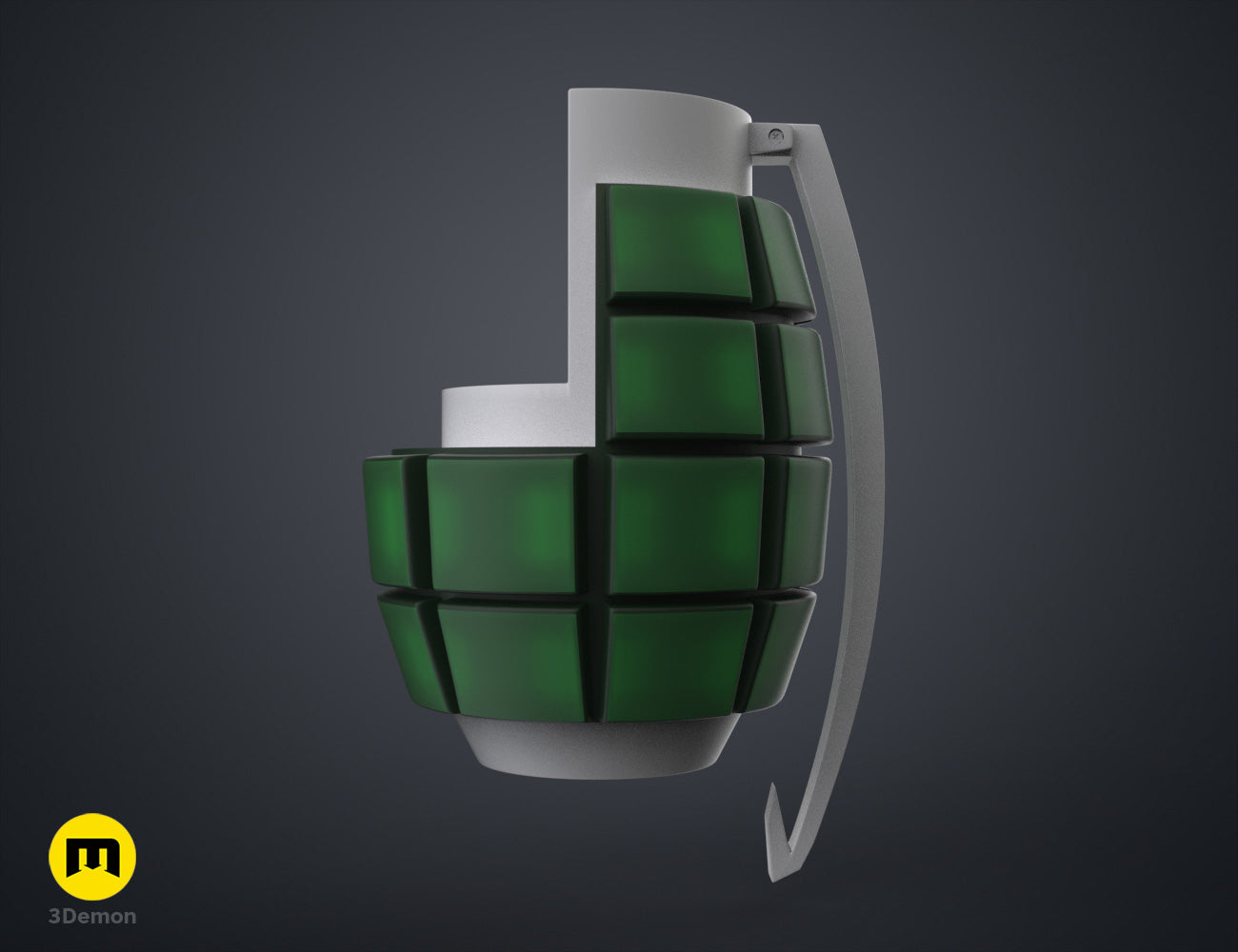 Digital 3D render of Bakugo's Grenade Gauntlets STL, green segmented grenades, 3D print cosplay prop.