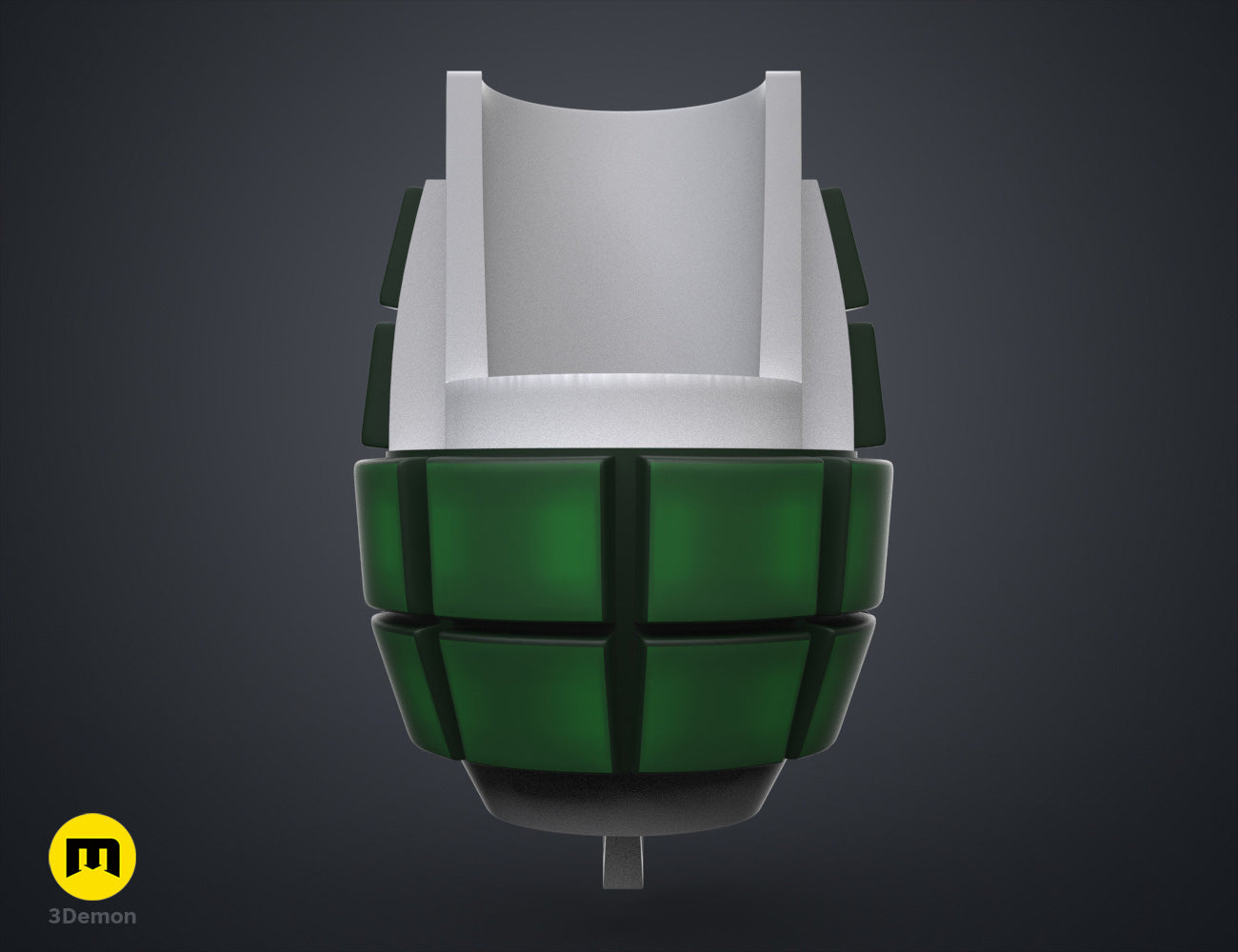 Digital 3D render of Bakugo's Grenade Gauntlets STL, green 4-pronged 3D printed cosplay prop.