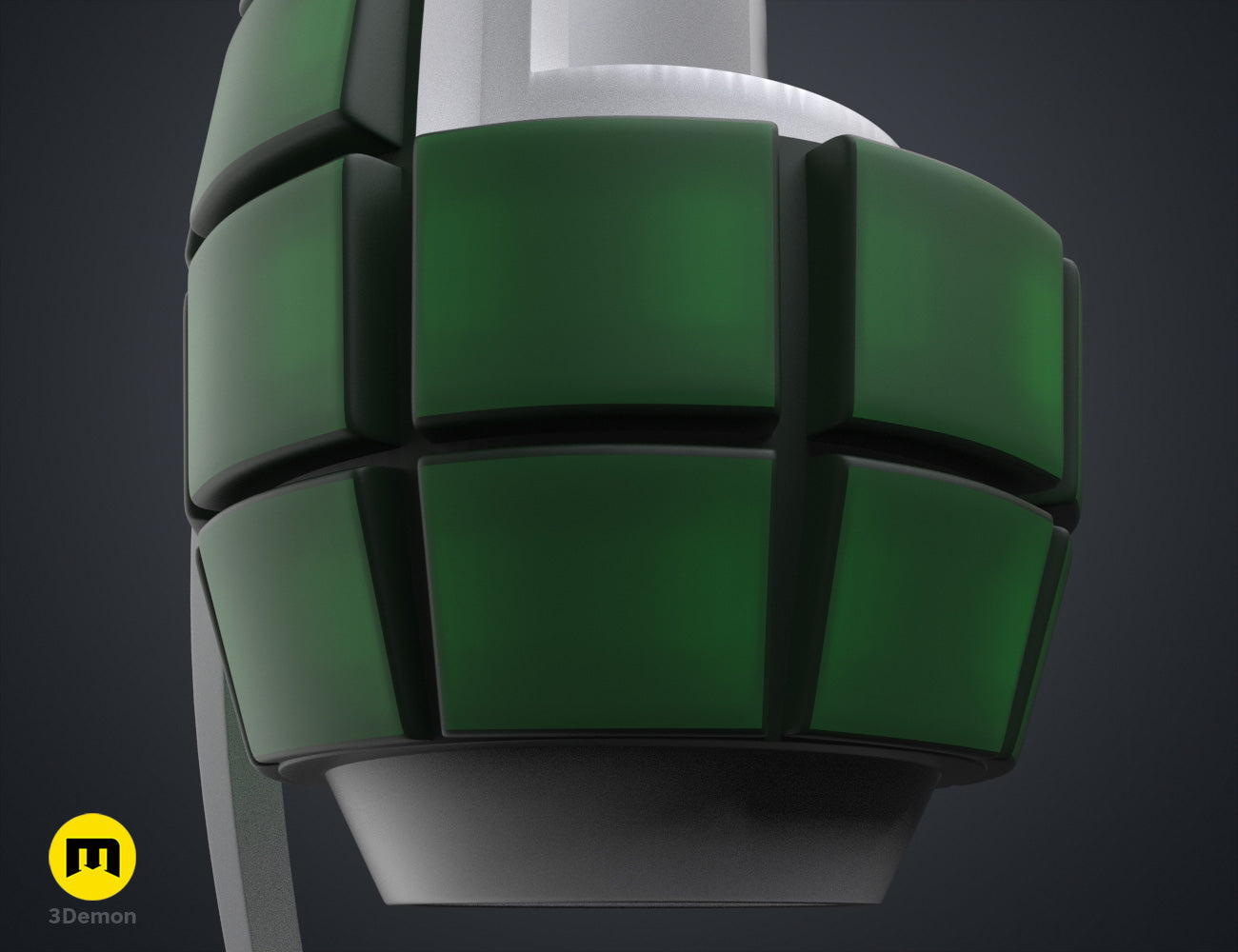 Textured 3D render of Bakugo's Grenade Gauntlets STL, green and grey, 6-pronged cosplay prop.