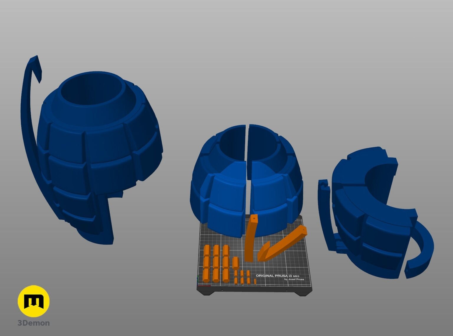 Disassembled parts of Bakugo's Grenade Gauntlets 3D print, blue segmented fists with 6-pronged design