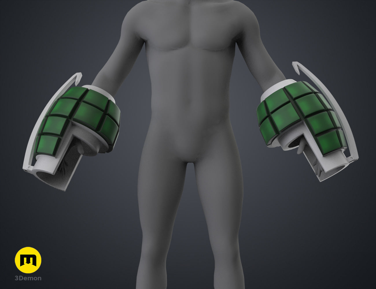 Digital 3D render of Bakugo’s Grenade Gauntlets STL, green 6-cell fists, 3D print cosplay prop.