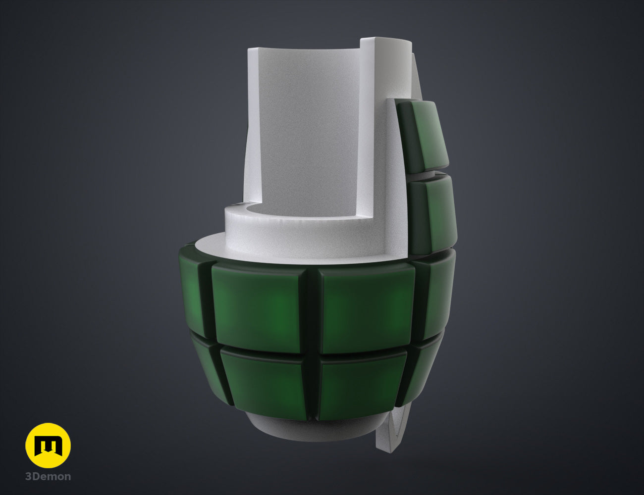 Printable 3D model of Bakugo’s Grenade Gauntlets, green and white dual-pronged cosplay prop, STL.