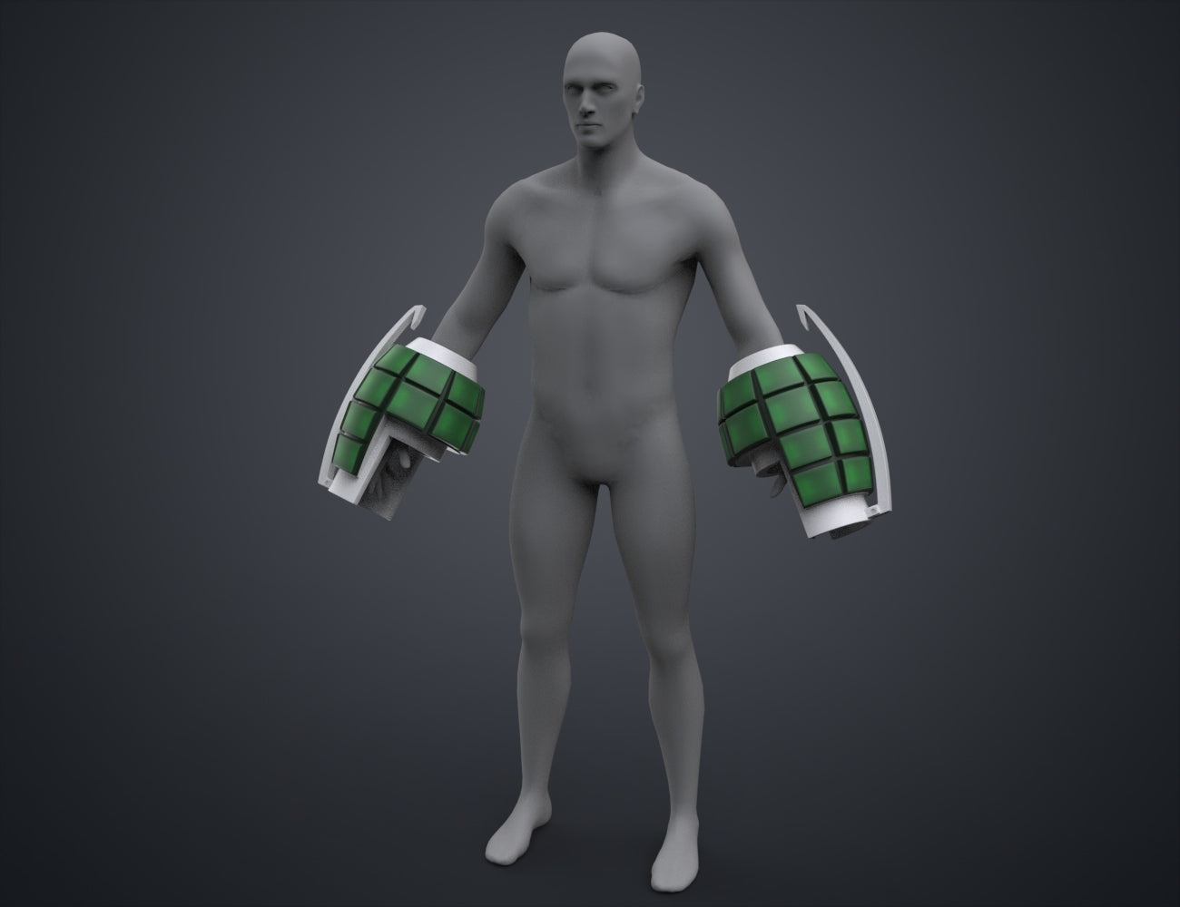 Digital 3D render of Bakugo's Grenade Gauntlets STL, green and white dual-pronged cosplay prop.