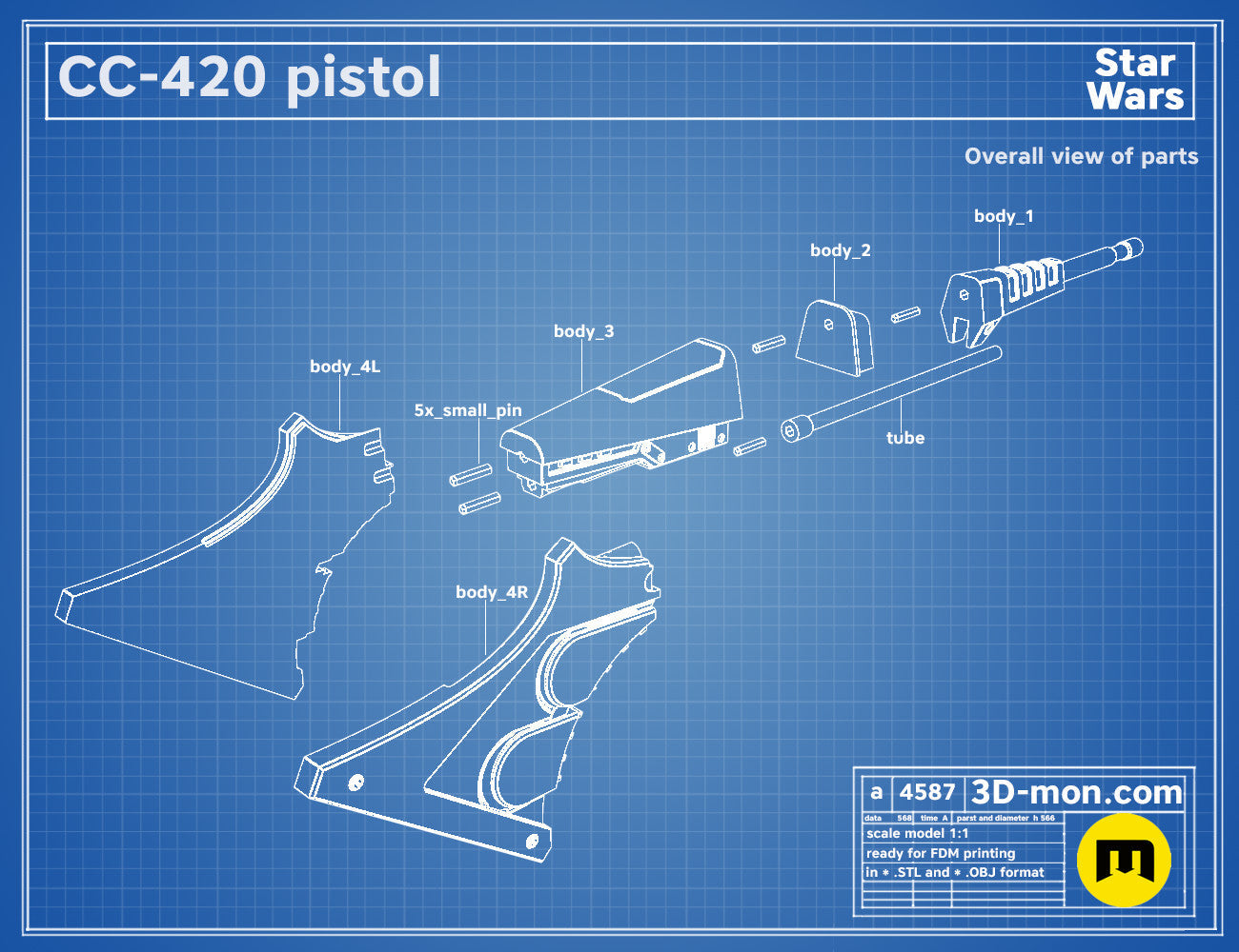 Exploded view of CC-420 Pistol STL, labeled parts breakdown for 3D print assembly.