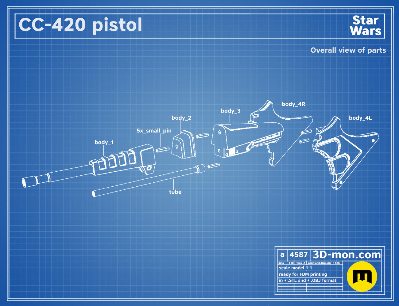 Exploded view of CC-420 Pistol STL, 5-part assembly with labeled body and tube for 3D print.