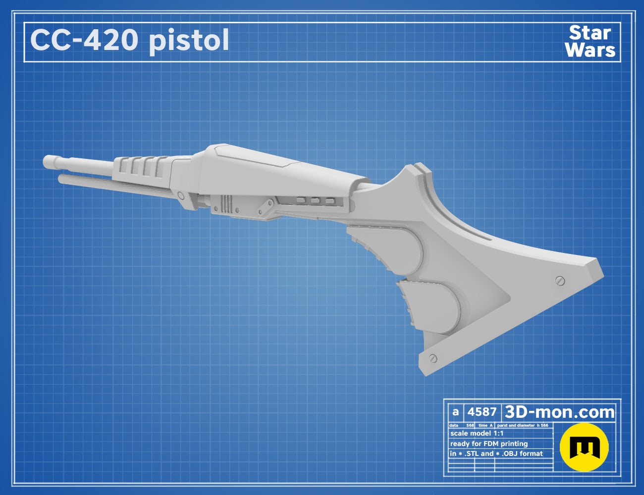 Digital 3D render of CC-420 Pistol STL, white futuristic pistol with grip and barrel, printable 3D model.