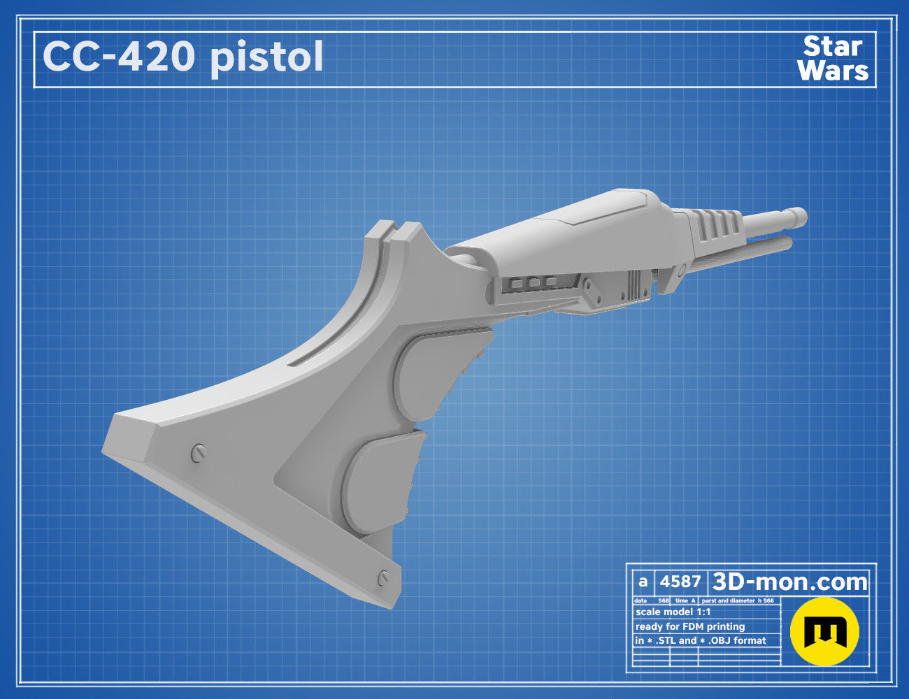 Digital 3D render of CC-420 Pistol STL, grey 3D printed pistol with dual triggers, ready for cosplay.