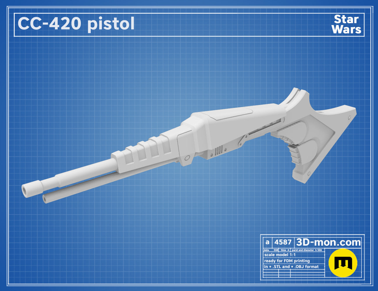 Digital 3D render of CC-420 Pistol STL, white futuristic grip and barrel, printable 3D model.