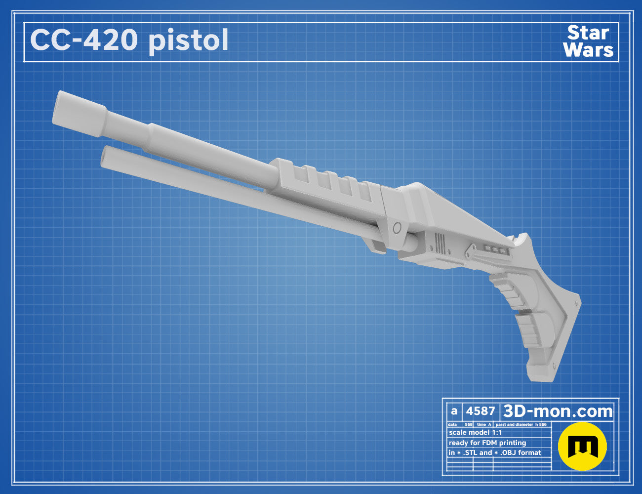 Digital 3D render of CC-420 Pistol STL, white Star Wars cosplay prop with grip and barrel.