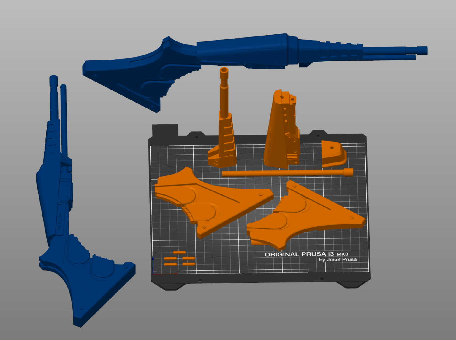 Slicer screenshot of CC-420 Pistol STL, orange and blue parts on Prusa i3 MK3 bed.