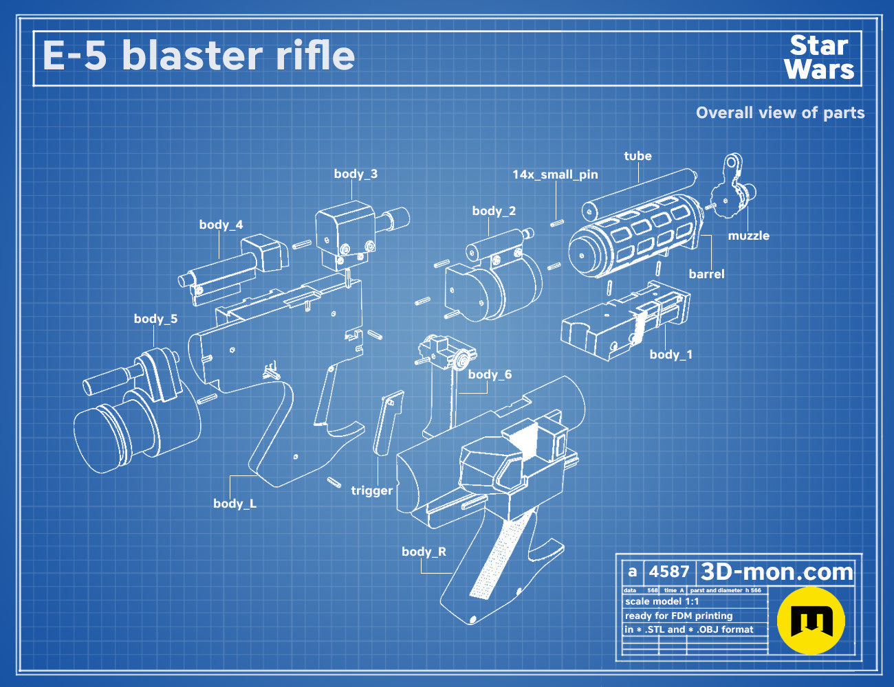 Exploded view of E-5 Blaster Rifle STL, 14 labeled parts, 3D print assembly guide.