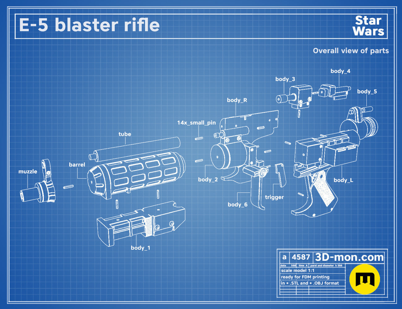 Exploded view of E-5 Blaster Rifle STL, labeled parts, 14-piece assembly guide for Star Wars cosplay prop.