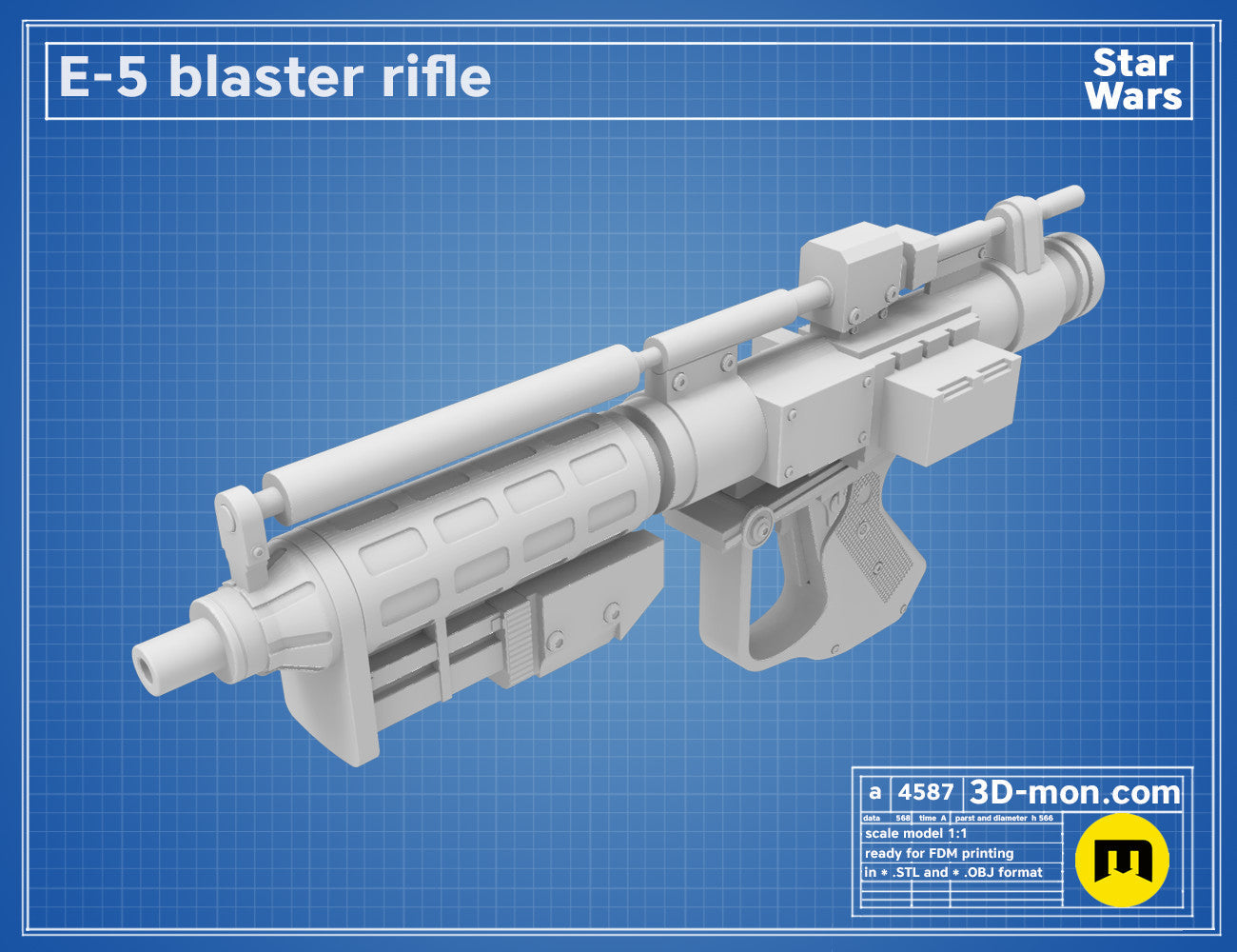 Digital 3D render of E-5 Blaster Rifle STL, white Star Wars blaster with scope and grip, printable 3D model.