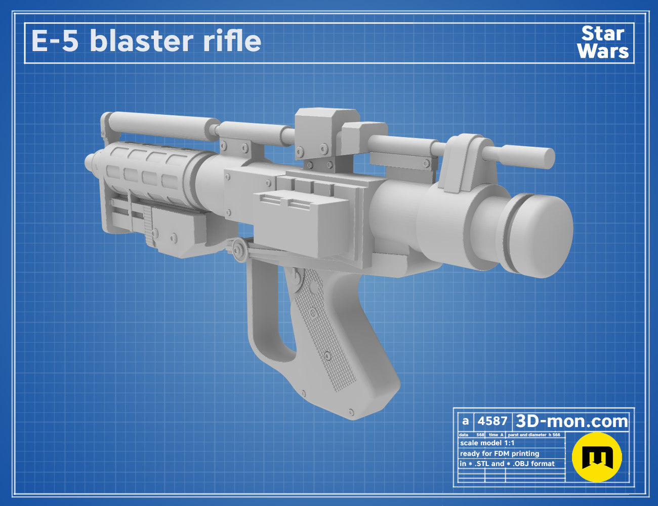 Digital 3D render of E-5 Blaster Rifle STL, grey smooth Star Wars rifle with scope and grip.