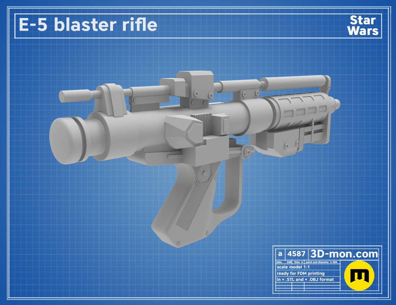 Printable 3D model of E-5 Blaster Rifle STL, grey textured sci-fi firearm with detachable stock.