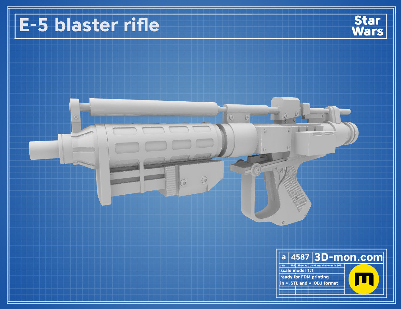 Printable 3D model of E-5 Blaster Rifle STL, white Star Wars cosplay prop with scope and grip.