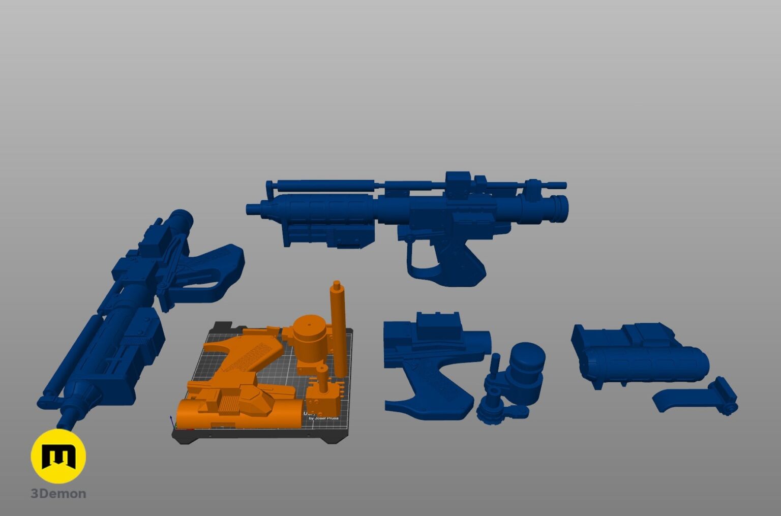 Disassembled parts of E-5 Blaster Rifle STL, 8 blue plastic pieces for 3D print.