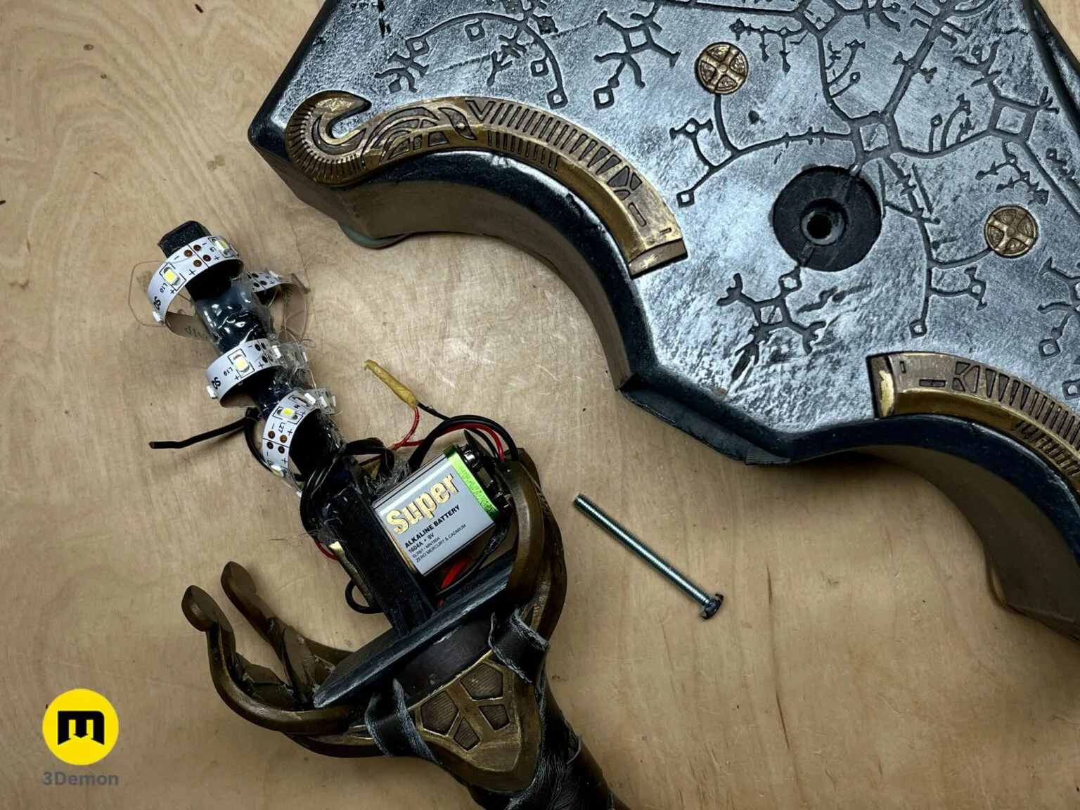 Disassembled parts of Mjolnir - God of War Ragnarok 3D print, hammer head with battery and LED lights