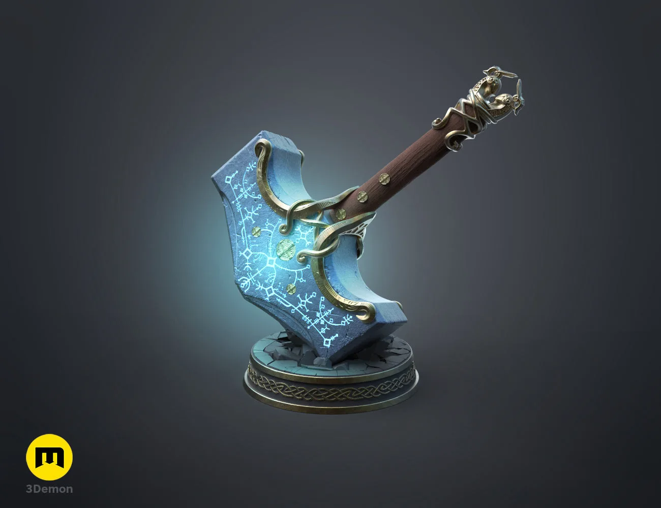 Textured 3D render of Mjolnir God of War Ragnarok, glowing blue hammer with golden runes, 3D print cosplay prop.