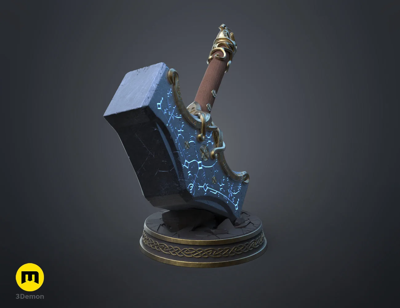 Textured 3D render of Mjolnir God of War Ragnarok STL, blue runic hammer with golden handle.