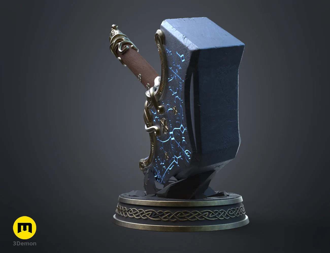 Textured 3D render of Mjolnir God of War Ragnarok STL, glowing blue runes, brass handle.