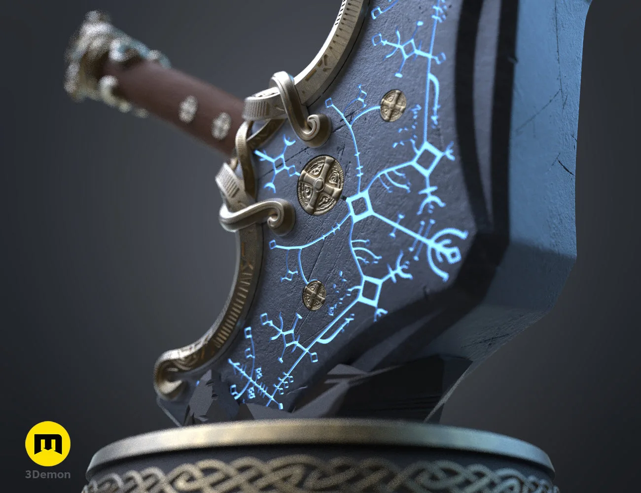 Textured 3D render of Mjolnir God of War Ragnarok STL, glowing blue rune hammer with metal handle.