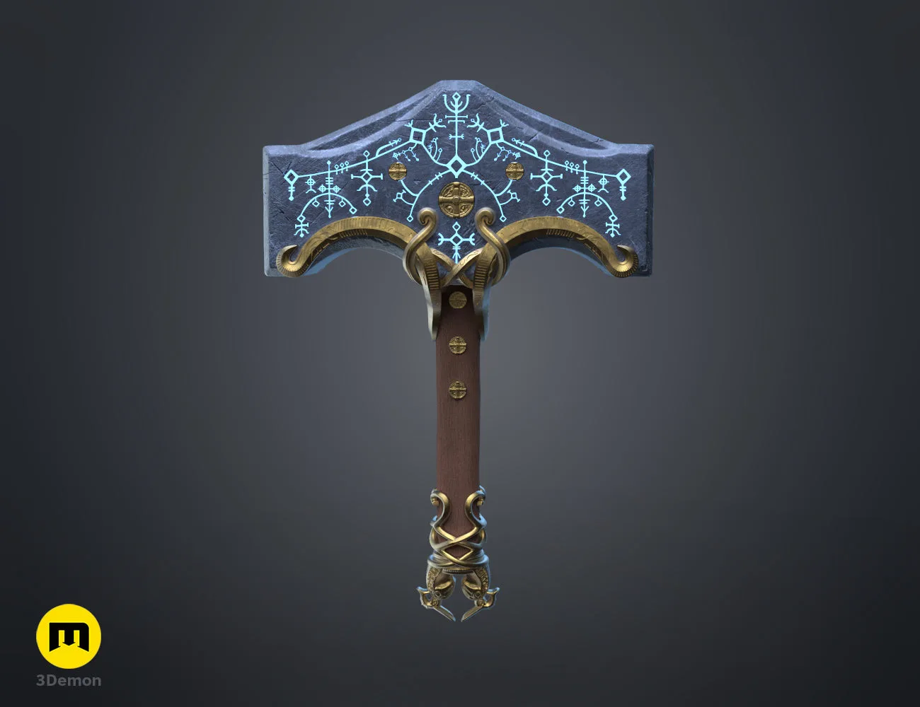 Textured 3D render of Mjolnir God of War Ragnarok STL, gold/blue hammer with two prongs, 3D print.