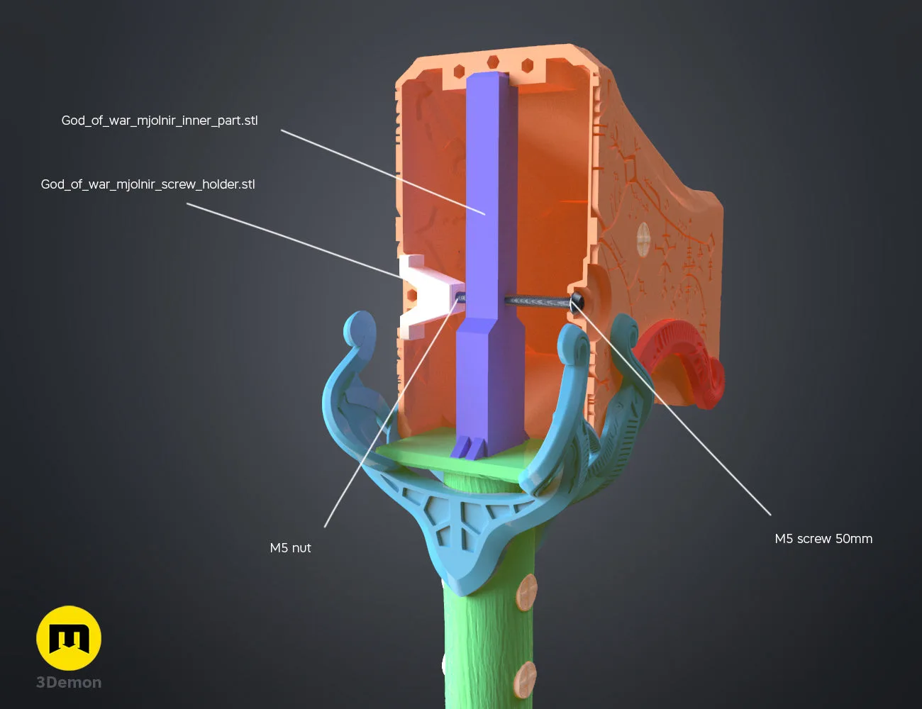Exploded view of Mjolnir - God of War Ragnarok 3D print, 3-part assembly with screw holder.