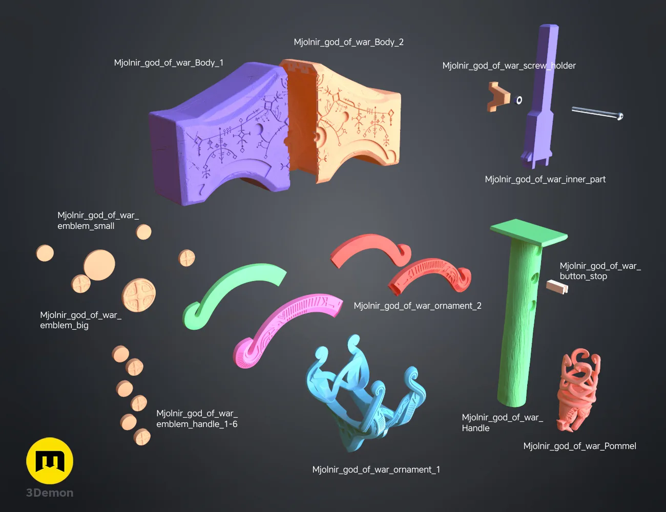 Exploded view of Mjolnir God of War Ragnarok STL, 12 labeled parts for 3D printed hammer cosplay.