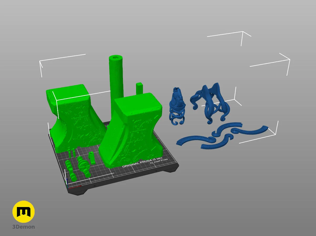 Slicer screenshot of Mjolnir - God of War Ragnarok STL, green hammer on Prusa print bed