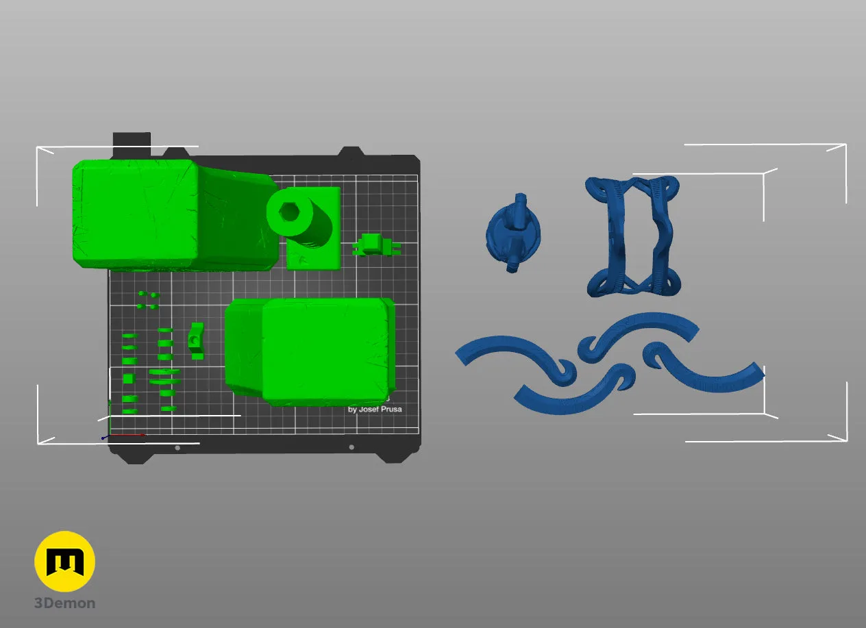 Slicer screenshot of Mjolnir - God of War Ragnarok STL, green parts on Prusa print bed.