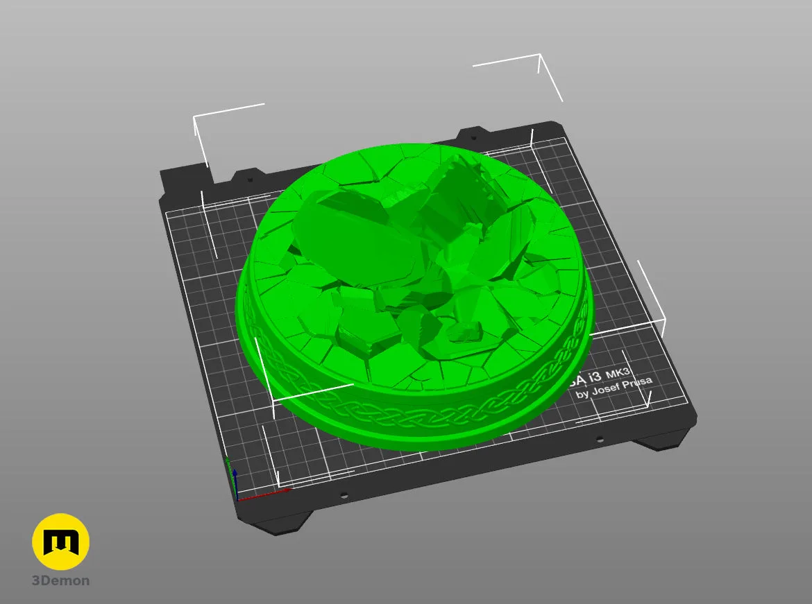 Slicer screenshot of Mjolnir - God of War Ragnarok STL, green hammer on Prusa print bed.