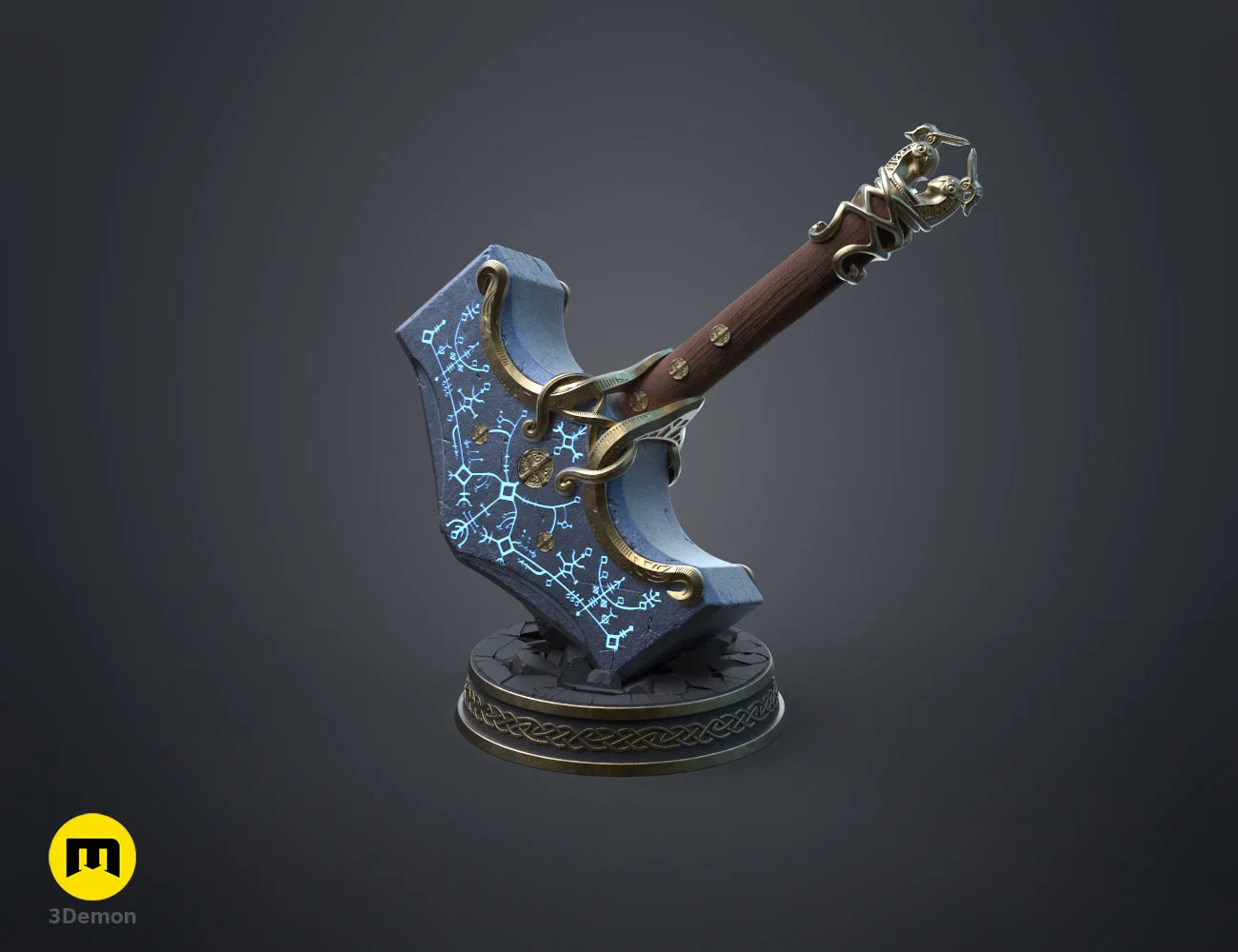 Textured 3D render of Mjolnir God of War Ragnarok, blue glowing hammer with golden runes, wooden handle.